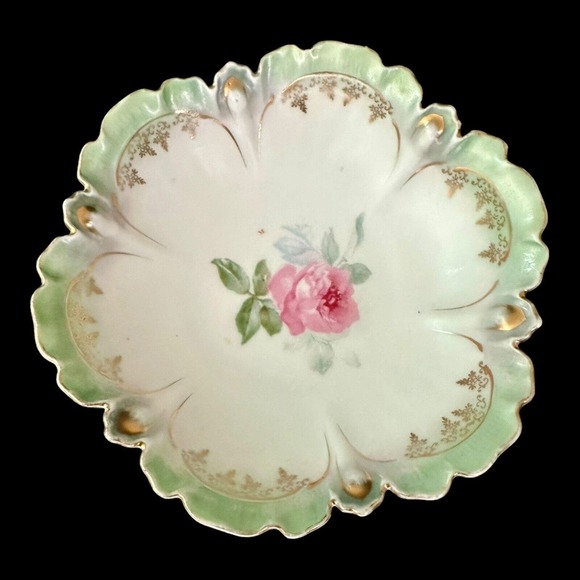 R S PRUSSIA ANTIQUE PORCELAIN ROSES JEWELRY CANDY DISH GOLD GREEN HAND PAINTED - Picture 5 of 15